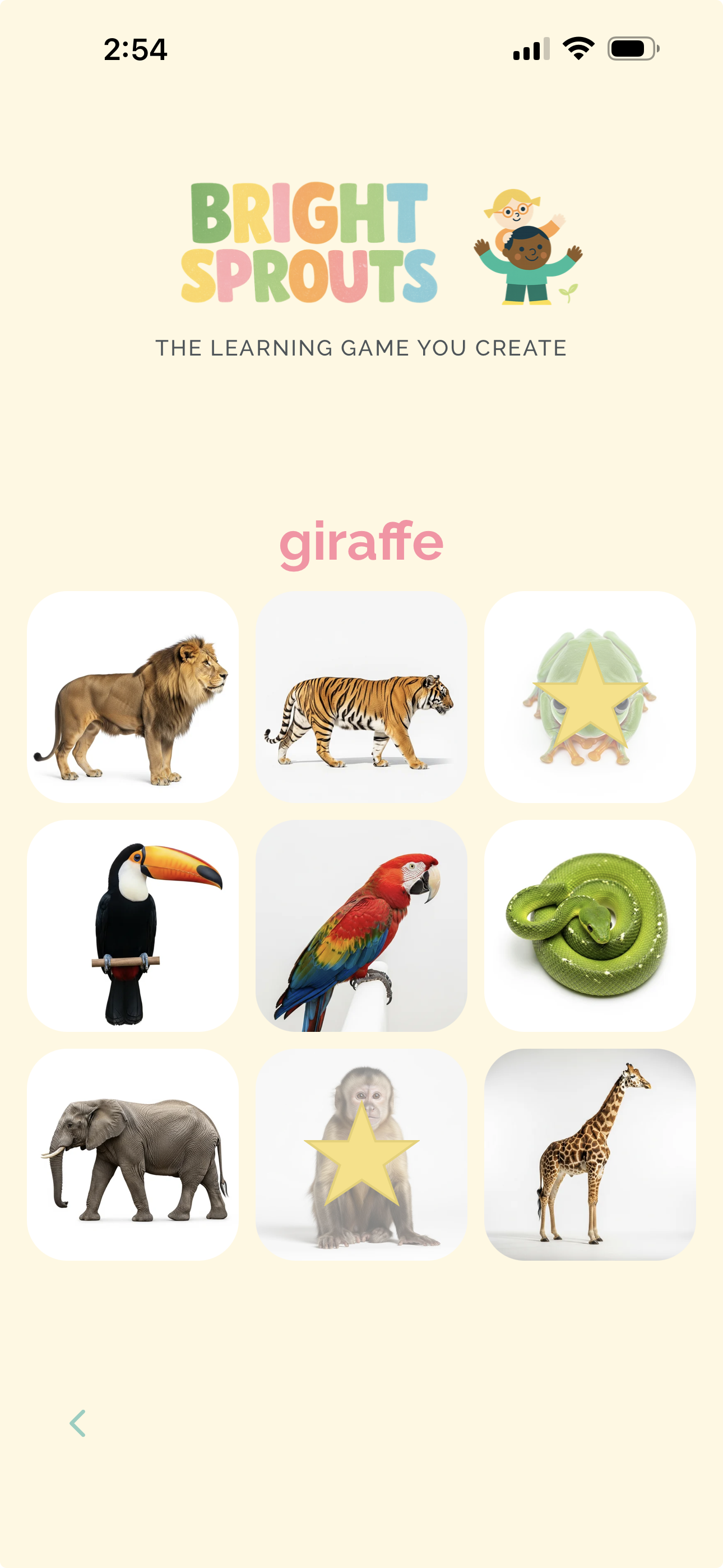 Bright Sprouts app showing an animal matching game